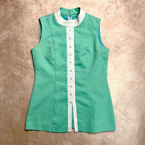 Vintage 60s Koret of California Sleeveless Button Mod Blouse High Neck Gogo Teal - Picture 1 of 7